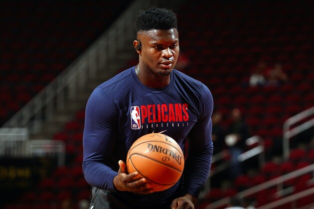 HOUSTON, TX - FEBRUARY 2:  Zion Williamson #1 of the New Orleans Pelicans warms up before the game against the Houston Rockets on February 2, 2020 at the Toyota Center in Houston, Texas. NOTE TO USER: User expressly acknowledges and agrees that, by downloading and or using this photograph, User is consenting to the terms and conditions of the Getty Images License Agreement. Mandatory Copyright Notice: Copyright 2020 NBAE (Photo by Cato Cataldo/NBAE via Getty Images)