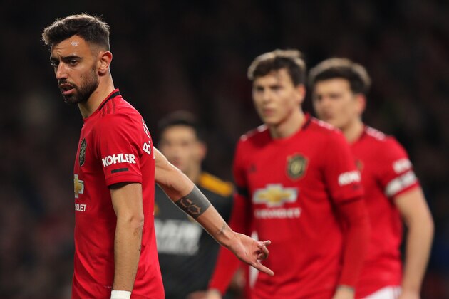 MANCHESTER, ENGLAND - FEBRUARY 01: Bruno Fernandes of Manchester United during the Premier League match between Manchester United and Wolverhampton Wanderers at Old Trafford on February 1, 2020 in Manchester, United Kingdom. (Photo by Matthew Ashton - AMA/Getty Images)