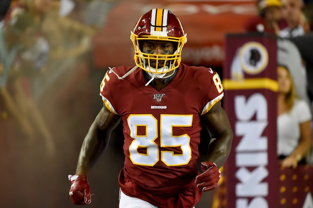 LANDOVER, MD - SEPTEMBER 23: Vernon Davis #85 of the Washington Redskins is introduced prior to the game against the Chicago Bears at FedExField on September 23, 2019 in Landover, Maryland. (Photo by Will Newton/Getty Images)