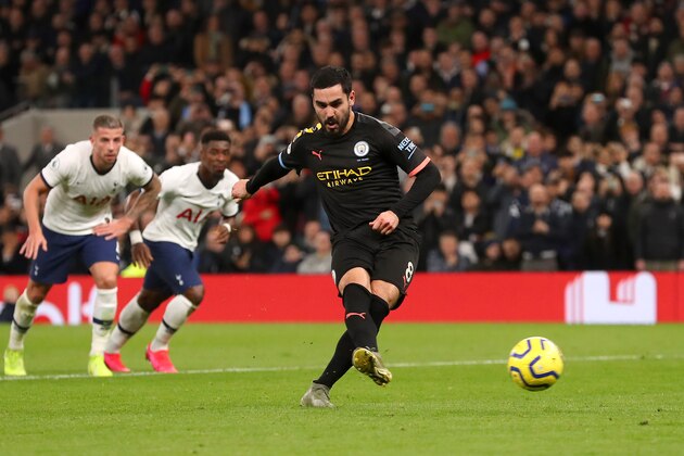 LONDON, ENGLAND - FEBRUARY 02: Ilkay Gundogan of Manchester City shoots from the penalty spot which is then saved by Hugo Lloris of Tottenham Hotspur (not pictured) during the Premier League match between Tottenham Hotspur and Manchester City at Tottenham Hotspur Stadium on February 02, 2020 in London, United Kingdom. (Photo by Catherine Ivill/Getty Images)