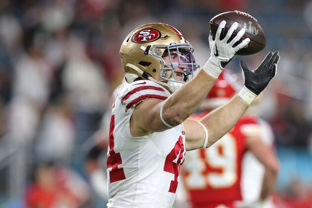 MIAMI, FLORIDA - FEBRUARY 02: Kyle Juszczyk #44 of the San Francisco 49ers reacts after a 15-yard touchdown reception against the Kansas City Chiefs during the second quarter in Super Bowl LIV at Hard Rock Stadium on February 02, 2020 in Miami, Florida. (Photo by Tom Pennington/Getty Images) MIAMI, FLORIDA - FEBRUARY 02: Kyle Juszczyk #44 of the San Francisco 49ers reacts after a 15-yard touchdown reception against the Kansas City Chiefs during the second quarter in Super Bowl LIV at Hard Rock Stadium on February 02, 2020 in Miami, Florida. (Photo by Tom Pennington/Getty Images)