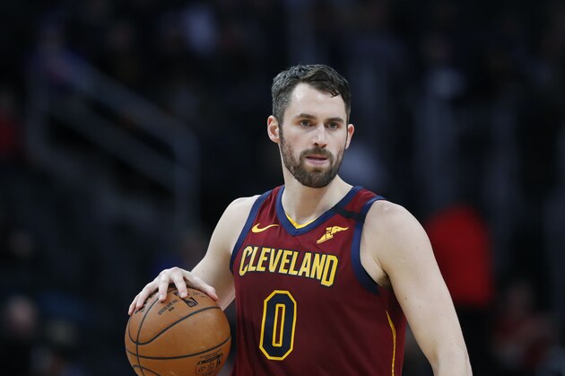 Cleveland Cavaliers forward Kevin Love controls the ball during the first half of an NBA basketball game, Monday, Jan. 27, 2020, in Detroit. (AP Photo/Carlos Osorio)