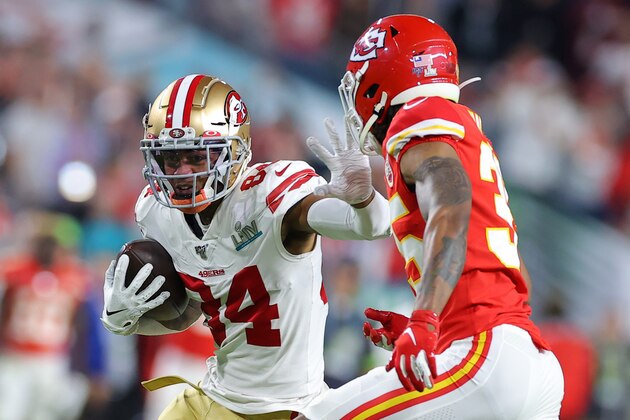 MIAMI, FLORIDA - FEBRUARY 02: Kendrick Bourne #84 of the San Francisco 49ers rushes the ball against Charvarius Ward #35 of the Kansas City Chiefs during the third quarter in Super Bowl LIV at Hard Rock Stadium on February 02, 2020 in Miami, Florida. (Photo by Kevin C. Cox/Getty Images) MIAMI, FLORIDA - FEBRUARY 02: Kendrick Bourne #84 of the San Francisco 49ers rushes the ball against Charvarius Ward #35 of the Kansas City Chiefs during the third quarter in Super Bowl LIV at Hard Rock Stadium on February 02, 2020 in Miami, Florida. (Photo by Kevin C. Cox/Getty Images)