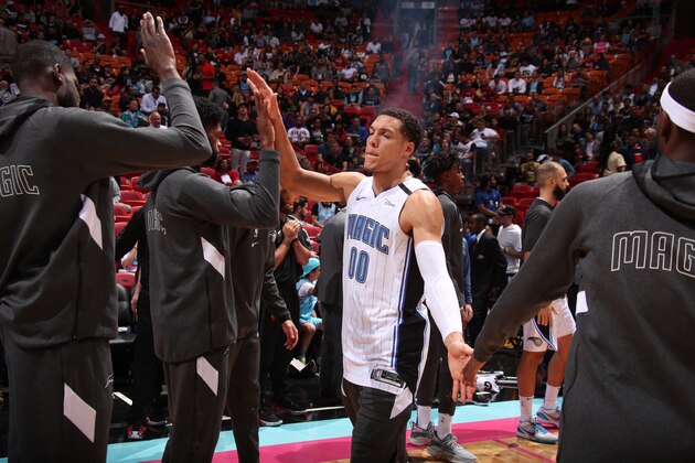 MIAMI, FL - JANUARY 27: Aaron Gordon #00 of the Orlando Magic gets introduced before the game against the Miami Heat on January 27, 2020 at American Airlines Arena in Miami, Florida. NOTE TO USER: User expressly acknowledges and agrees that, by downloading and or using this Photograph, user is consenting to the terms and conditions of the Getty Images License Agreement. Mandatory Copyright Notice: Copyright 2020 NBAE (Photo by Issac Baldizon/NBAE via Getty Images)