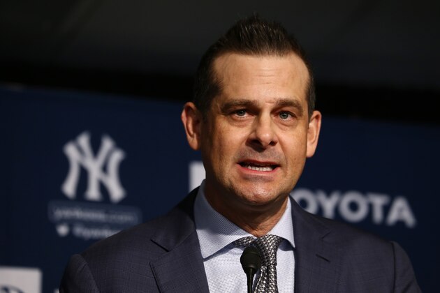 NEW YORK, NEW YORK - DECEMBER 18: New York Yankee manager Aaron Boone speaks to the media during the New York Yankees press conference to introduce Gerrit Cole at Yankee Stadium on December 18, 2019 in New York City. (Photo by Mike Stobe/Getty Images)