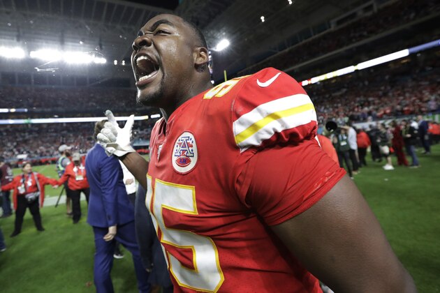 Kansas City Chiefs' Chris Jones (95) celebrates during the second half of the NFL Super Bowl 54 football game against the San Francisco 49ers Sunday, Feb. 2, 2020, in Miami Gardens, Fla. The Kansas City Chiefs won 31-20. (AP Photo/Mark Humphrey)