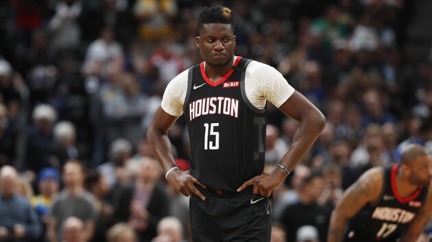 Houston Rockets center Clint Capela (15) in the first half of an NBA basketball game Sunday, Jan. 26, 2020, in Denver. (AP Photo/David Zalubowski)