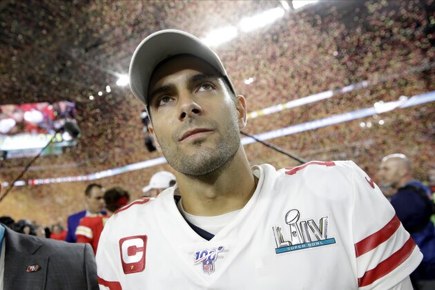 San Francisco 49ers quarterback Jimmy Garoppolo walks off the field after the NFL Super Bowl 54 football game against the Kansas City Chiefs Sunday, Feb. 2, 2020, in Miami Gardens, Fla. The Kansas City Chiefs won 31-20. (AP Photo/Patrick Semansky)