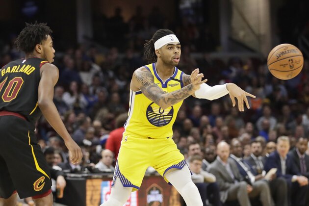 Golden State Warriors' D'Angelo Russell (0) passes as Cleveland Cavaliers' Darius Garland (10) watches in the second half of an NBA basketball game, Saturday, Feb. 1, 2020, in Cleveland. (AP Photo/Tony Dejak) Golden State Warriors' D'Angelo Russell (0) passes as Cleveland Cavaliers' Darius Garland (10) watches in the second half of an NBA basketball game, Saturday, Feb. 1, 2020, in Cleveland. (AP Photo/Tony Dejak)