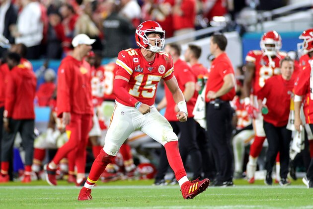 MIAMI, FLORIDA - FEBRUARY 02: Patrick Mahomes #15 of the Kansas City Chiefs celebrates after throwing a touchdown pass against the San Francisco 49ers during the fourth quarter in Super Bowl LIV at Hard Rock Stadium on February 02, 2020 in Miami, Florida. (Photo by Maddie Meyer/Getty Images) MIAMI, FLORIDA - FEBRUARY 02: Patrick Mahomes #15 of the Kansas City Chiefs celebrates after throwing a touchdown pass against the San Francisco 49ers during the fourth quarter in Super Bowl LIV at Hard Rock Stadium on February 02, 2020 in Miami, Florida. (Photo by Maddie Meyer/Getty Images)
