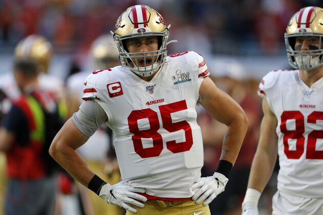 MIAMI, FLORIDA - FEBRUARY 02: George Kittle #85 of the San Francisco 49ers warms up prior to Super Bowl LIV against the Kansas City Chiefs at Hard Rock Stadium on February 02, 2020 in Miami, Florida. (Photo by Kevin C. Cox/Getty Images)