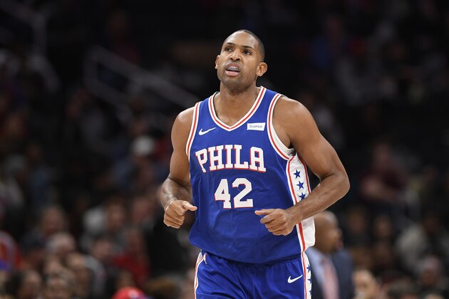 Philadelphia 76ers center Al Horford (42) runs on the court during the second half of an NBA basketball game against the Washington Wizards, Thursday, Dec. 5, 2019, in Washington. The Wizards won 119-113. (AP Photo/Nick Wass)