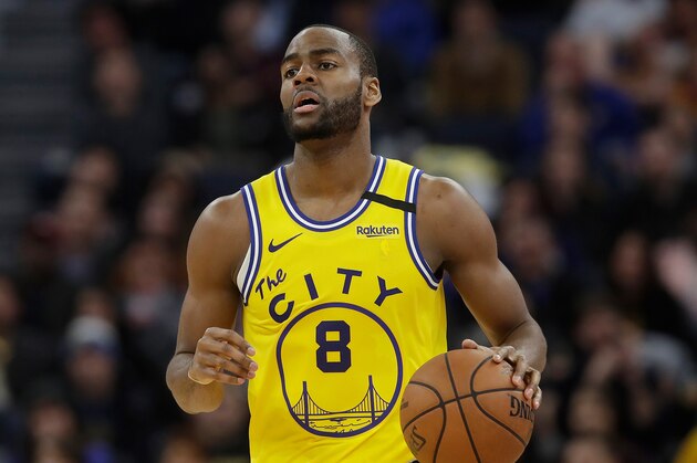 Golden State Warriors guard Alec Burks (8) against the Indiana Pacers during an NBA basketball game in San Francisco, Friday, Jan. 24, 2020. (AP Photo/Jeff Chiu)