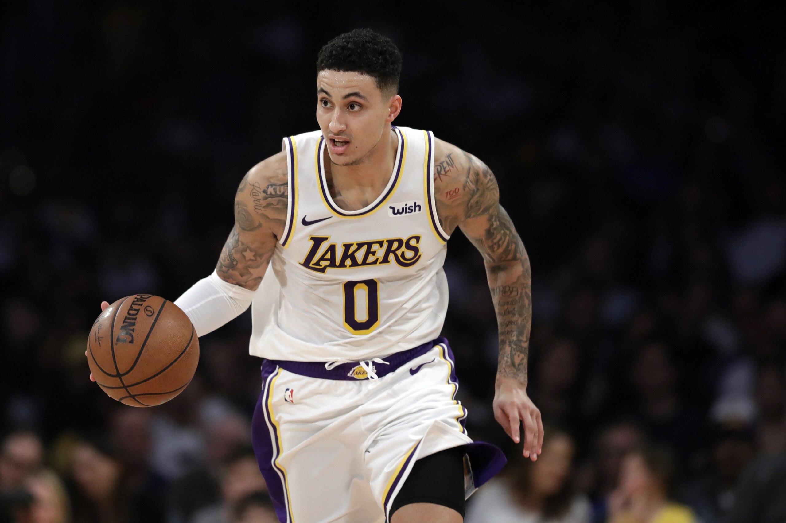 Los Angeles Lakers' Kyle Kuzma during an NBA basketball game Sunday, March 24, 2019, in Los Angeles. (AP Photo/Marcio Jose Sanchez)