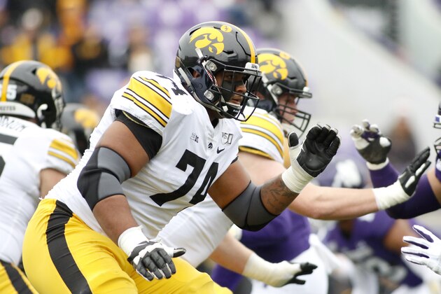 EVANSTON, ILLINOIS - OCTOBER 26: Tristan Wirfs #74 of the Iowa Hawkeyes in action in the game against the Northwestern Wildcats at Ryan Field on October 26, 2019 in Evanston, Illinois. (Photo by Justin Casterline/Getty Images)