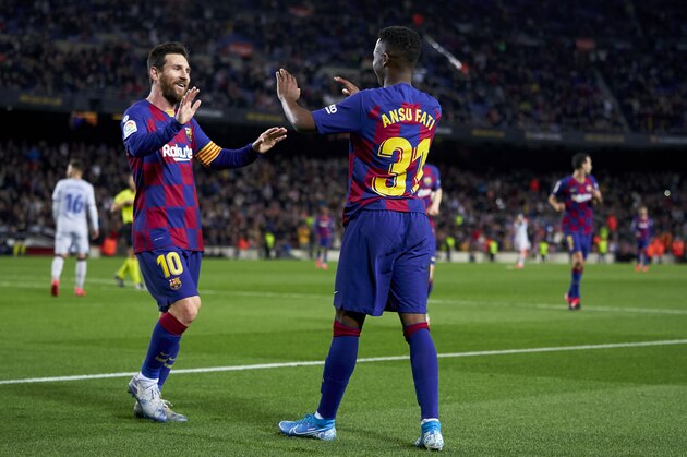 BARCELONA, SPAIN - FEBRUARY 02: Ansu Fati of Barcelona celebrates after scoring his team's second goal with his teammate Lionel Messi during the Liga match between FC Barcelona and Levante UD at Camp Nou on February 02, 2020 in Barcelona, Spain. (Photo by Quality Sport Images/Getty Images)