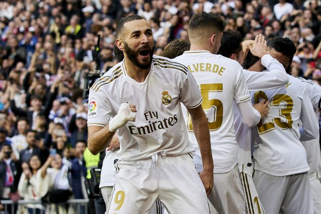 MADRID, SPAIN - FEBRUARY 01:  Karim Benzema of Real Madrid celebrates goal during the Liga match between Real Madrid CF and Club Atletico de Madrid at Estadio Santiago Bernabeu on February 1, 2020 in Madrid, Spain. (Photo by Perez Meca/MB Media/Getty Images)