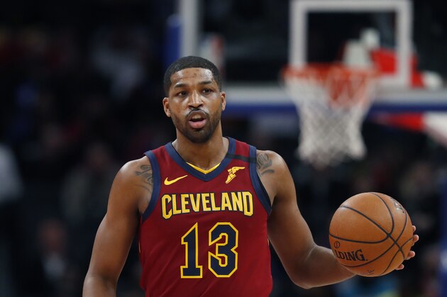 Cleveland Cavaliers center Tristan Thompson brings the ball up court during the first half of an NBA basketball game, Monday, Jan. 27, 2020, in Detroit. (AP Photo/Carlos Osorio)