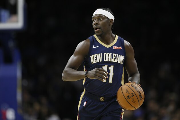 New Orleans Pelicans' Jrue Holiday plays during an NBA basketball game against the Philadelphia 76ers, Friday, Dec. 13, 2019, in Philadelphia. (AP Photo/Matt Slocum)