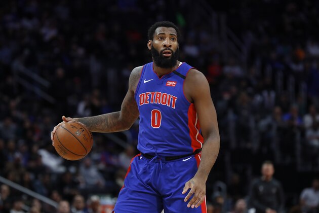 Detroit Pistons center Andre Drummond plays against the Brooklyn Nets in the second half of an NBA basketball game in Detroit, Saturday, Jan. 25, 2020. (AP Photo/Paul Sancya)