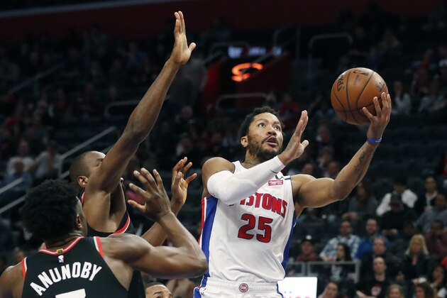 Detroit Pistons guard Derrick Rose (25) makes a layup during the second half of the team's NBA basketball game against the Toronto Raptors, Friday, Jan. 31, 2020, in Detroit. (AP Photo/Carlos Osorio)