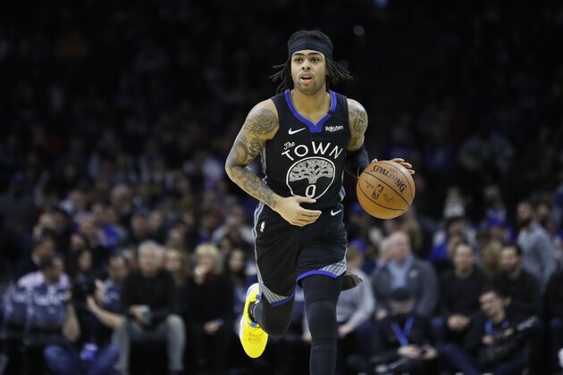Golden State Warriors' D'Angelo Russell plays during an NBA basketball game against the Philadelphia 76ers, Tuesday, Jan. 28, 2020, in Philadelphia. (AP Photo/Matt Slocum)