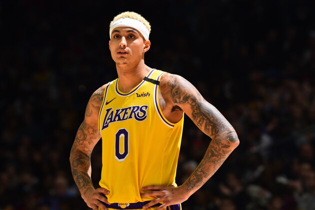 PHILADELPHIA, PA - JANUARY 25: Kyle Kuzma #0 of the Los Angeles Lakers looks on during the game against the Philadelphia 76ers on January 25, 2020 at the Wells Fargo Center in Philadelphia, Pennsylvania NOTE TO USER: User expressly acknowledges and agrees that, by downloading and/or using this Photograph, user is consenting to the terms and conditions of the Getty Images License Agreement. Mandatory Copyright Notice: Copyright 2020 NBAE (Photo by Jesse D. Garrabrant/NBAE via Getty Images)