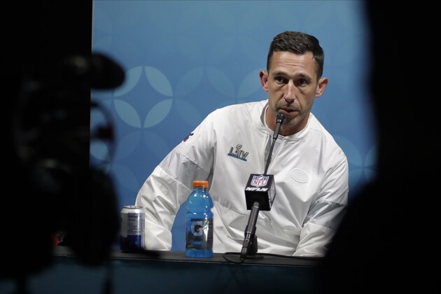 San Francisco 49ers head coach Kyle Shanahan speaks during a news conference after the NFL Super Bowl 54 football game against the Kansas City Chiefs Sunday, Feb. 2, 2020, in Miami Gardens, Fla. (AP Photo/John Bazemore)