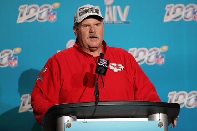 MIAMI, FLORIDA - FEBRUARY 02: Head coach Andy Reid of the Kansas City Chiefs  talks to press after defeating San Francisco 49ers by 31 - 20 in Super Bowl LIV at Hard Rock Stadium on February 02, 2020 in Miami, Florida. (Photo by Maddie Meyer/Getty Images)