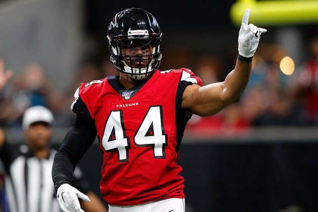 ATLANTA, GEORGIA - DECEMBER 22:  Vic Beasley Jr. #44 of the Atlanta Falcons reacts after sacking Gardner Minshew II #15 of the Jacksonville Jaguars in the first half at Mercedes-Benz Stadium on December 22, 2019 in Atlanta, Georgia. (Photo by Kevin C. Cox/Getty Images)
