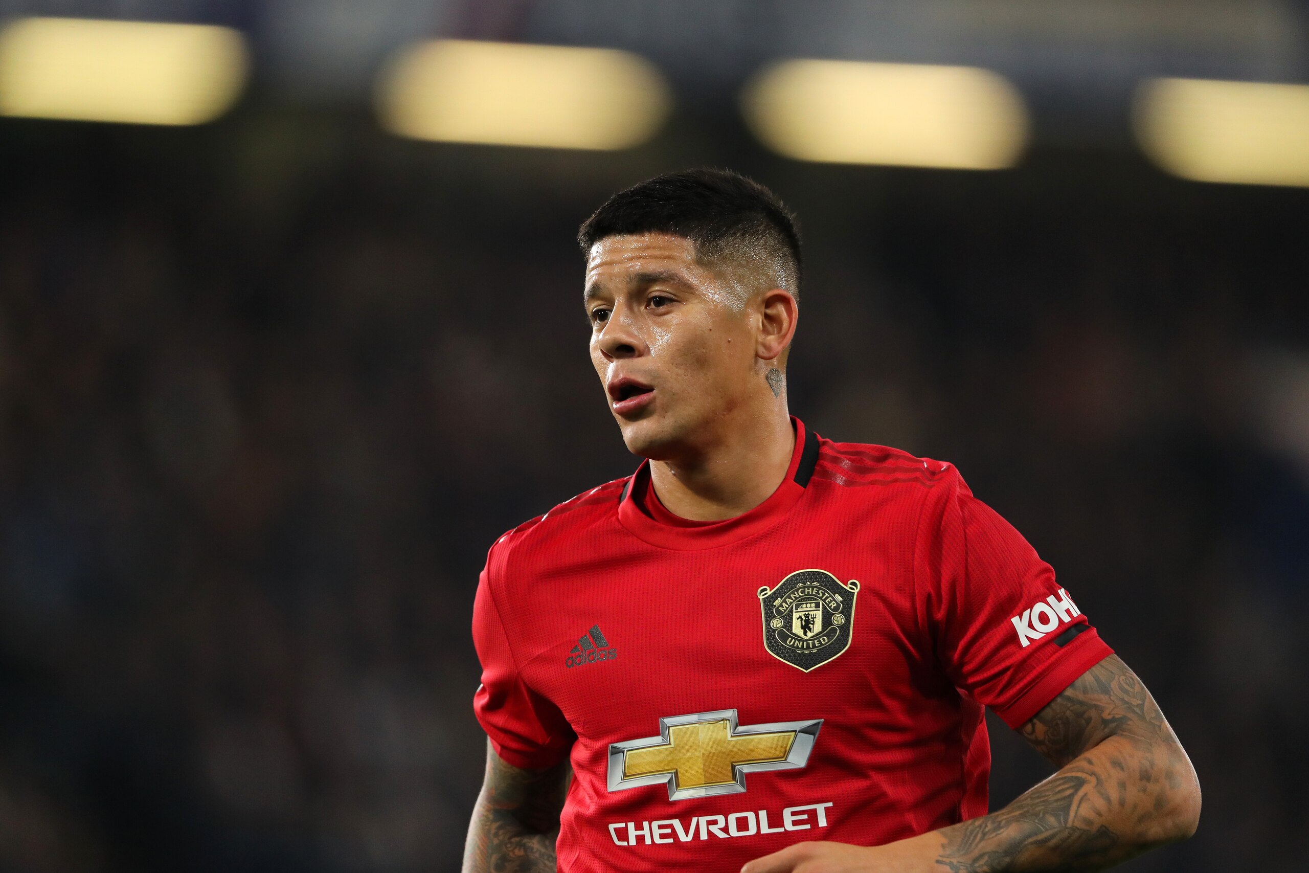 LONDON, ENGLAND - OCTOBER 30: Marcos Rojo of Manchester United during the Carabao Cup Round of 16 match between Chelsea and Manchester United at Stamford Bridge on October 30, 2019 in London, England. (Photo by Matthew Ashton - AMA/Getty Images)