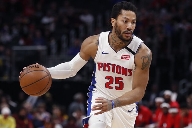 Detroit Pistons guard Derrick Rose brings the ball up court during the second half of an NBA basketball game against the Toronto Raptors, Friday, Jan. 31, 2020, in Detroit. (AP Photo/Carlos Osorio)