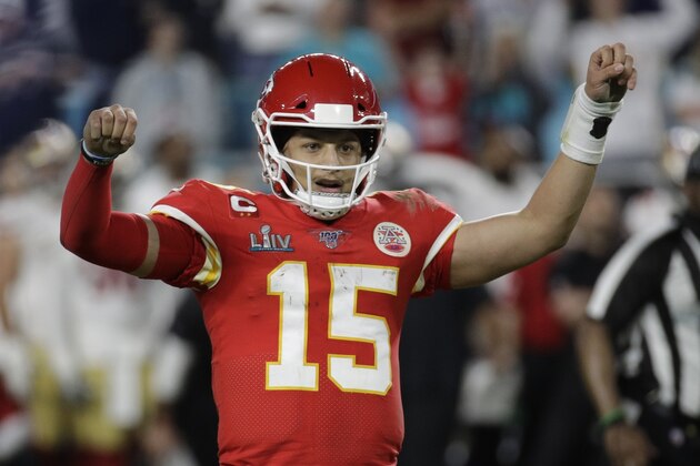 Kansas City Chiefs quarterback Patrick Mahomes (15) reacts to play against the San Francisco 49ers during the second half of the NFL Super Bowl 54 football game Sunday, Feb. 2, 2020, in Miami Gardens, Fla. (AP Photo/Patrick Semansky)