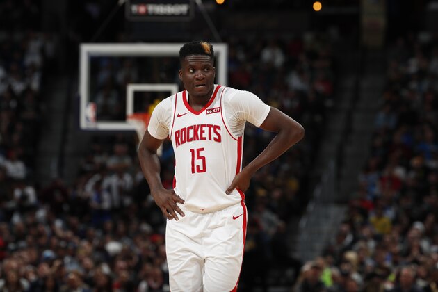 Houston Rockets center Clint Capela (15) in the second half of an NBA basketball game Wednesday, Nov. 20, 2019, in Denver. The Nuggets won 105-95. (AP Photo/David Zalubowski)
