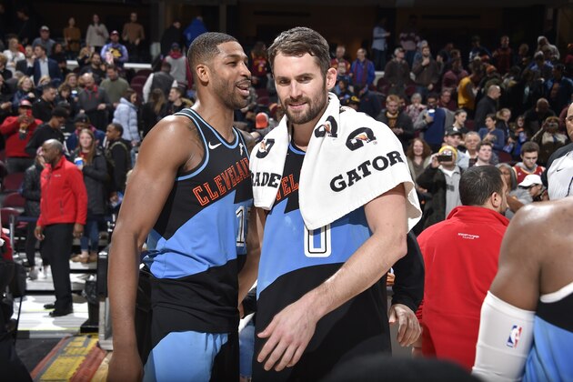 CLEVELAND, OH - DECEMBER 20: Tristan Thompson #13 and Kevin Love #0 of the Cleveland Cavaliers talk after a game against the Memphis Grizzlies on December 20, 2019 at Rocket Mortgage FieldHouse in Cleveland, Ohio. NOTE TO USER: User expressly acknowledges and agrees that, by downloading and/or using this Photograph, user is consenting to the terms and conditions of the Getty Images License Agreement. Mandatory Copyright Notice: Copyright 2019 NBAE (Photo by David Liam Kyle/NBAE via Getty Images)