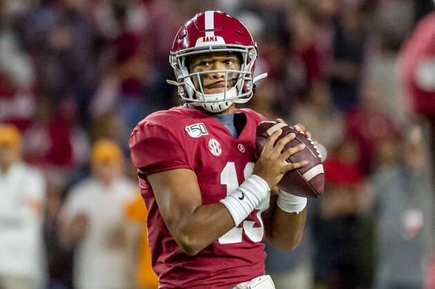 Alabama quarterback Tua Tagovailoa (13) during the first half of an NCAA college football game against Tennessee, Saturday, Oct. 19, 2019, in Tuscaloosa, Ala. (AP Photo/Vasha Hunt)