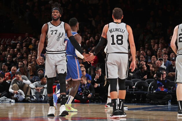 NEW YORK, NY - NOVEMBER 23: DeMarre Carroll #77 of the San Antonio Spurs and Marco Belinelli #18 of the San Antonio Spurs celebrate during the game against the New York Knicks on November 23, 2019 at Madison Square Garden in New York City, New York. NOTE TO USER: User expressly acknowledges and agrees that, by downloading and or using this photograph, User is consenting to the terms and conditions of the Getty Images License Agreement. Mandatory Copyright Notice: Copyright 2019 NBAE (Photo by Nathaniel S. Butler/NBAE via Getty Images) NEW YORK, NY - NOVEMBER 23: DeMarre Carroll #77 of the San Antonio Spurs and Marco Belinelli #18 of the San Antonio Spurs celebrate during the game against the New York Knicks on November 23, 2019 at Madison Square Garden in New York City, New York. NOTE TO USER: User expressly acknowledges and agrees that, by downloading and or using this photograph, User is consenting to the terms and conditions of the Getty Images License Agreement. Mandatory Copyright Notice: Copyright 2019 NBAE (Photo by Nathaniel S. Butler/NBAE via Getty Images)