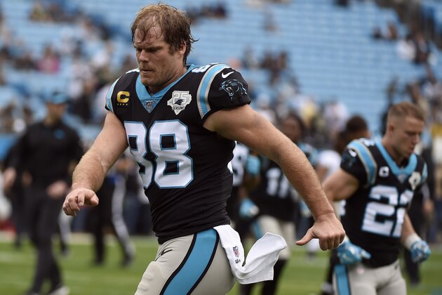 Carolina Panthers tight end Greg Olsen (88) warms up prior to an NFL football game against the New Orleans Saints in Charlotte, N.C., Sunday, Dec. 29, 2019. (AP Photo/Mike McCarn)