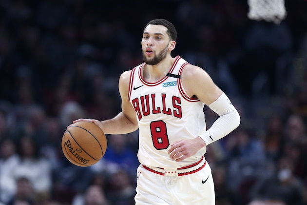 Chicago Bulls' Zach LaVine (8) brings the ball up the floor against the Cleveland Cavaliers in the second half of an NBA basketball game, Saturday, Jan. 25, 2020, in Cleveland. The Bulls defeated the Cavaliers 118-106. (AP Photo/Ron Schwane)