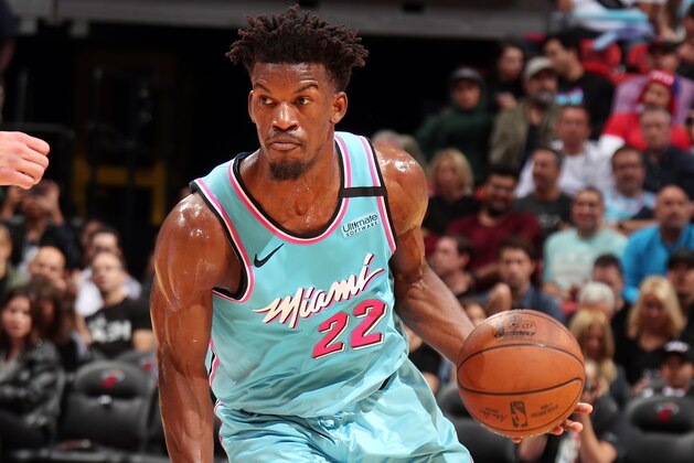 MIAMI, FL - FEBRUARY 3: Jimmy Butler #22 of the Miami Heat handles the ball during the game against the Philadelphia 76ers on February 3, 2020 at American Airlines Arena in Miami, Florida. NOTE TO USER: User expressly acknowledges and agrees that, by downloading and or using this Photograph, user is consenting to the terms and conditions of the Getty Images License Agreement. Mandatory Copyright Notice: Copyright 2020 NBAE (Photo by Issac Baldizon/NBAE via Getty Images)