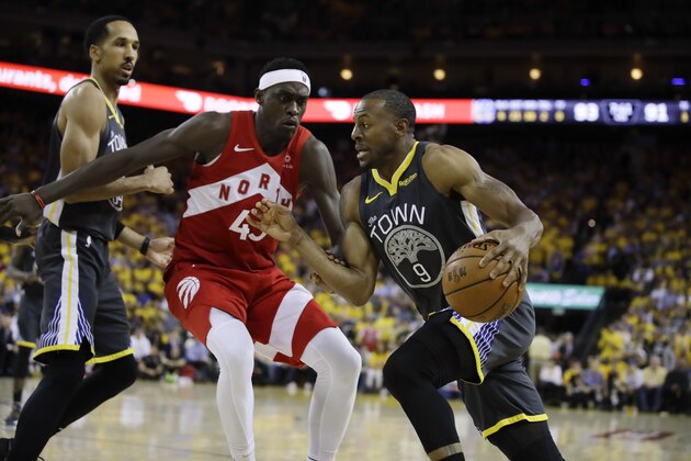 Golden State Warriors forward Andre Iguodala (9) drives against Toronto Raptors forward Pascal Siakam during the second half of Game 6 of basketball's NBA Finals in Oakland, Calif., Thursday, June 13, 2019. (AP Photo/Ben Margot)