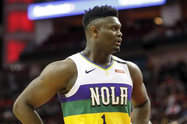 HOUSTON, TEXAS - FEBRUARY 02: Zion Williamson #1 of the New Orleans Pelicans reacts in the first half against the Houston Rockets at Toyota Center on February 02, 2020 in Houston, Texas.  NOTE TO USER: User expressly acknowledges and agrees that, by downloading and or using this photograph, User is consenting to the terms and conditions of the Getty Images License Agreement. (Photo by Tim Warner/Getty Images)