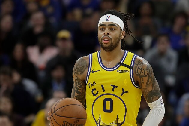 Golden State Warriors guard D'Angelo Russell (0) against the Indiana Pacers during an NBA basketball game in San Francisco, Friday, Jan. 24, 2020. (AP Photo/Jeff Chiu)