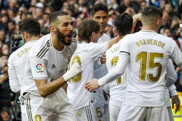 MADRID, SPAIN - FEBRUARY 1: Karim Benzema of Real Madrid celebrates goal 1-0 during the La Liga Santander  match between Real Madrid v Atletico Madrid at the Santiago Bernabeu on February 1, 2020 in Madrid Spain (Photo by David S. Bustamante/Soccrates/Getty Images)