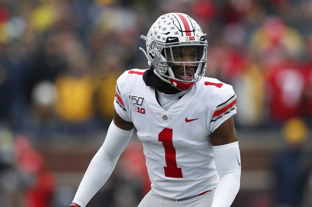 Ohio State cornerback Jeff Okudah plays against Michigan in the first half of an NCAA college football game in Ann Arbor, Mich., Saturday, Nov. 30, 2019. (AP Photo/Paul Sancya)