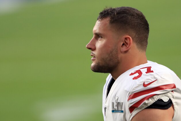 MIAMI, FLORIDA - FEBRUARY 02: Nick Bosa #97 of the San Francisco 49ers looks on prior to Super Bowl LIV against the Kansas City Chiefs at Hard Rock Stadium on February 02, 2020 in Miami, Florida. (Photo by Sam Greenwood/Getty Images)