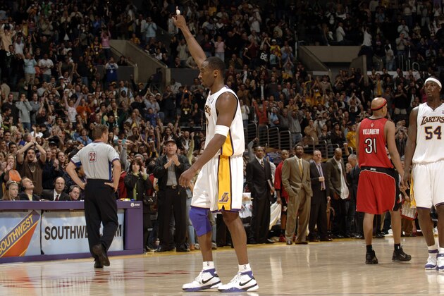 LOS ANGELES - JANUARY 22: Kobe Bryant #8 of the Los Angeles Lakers points in the air in a game he scored 81 points in against the Toronto Raptors on January 22, 2006 at Staples Center in Los Angeles, California. NOTE TO USER: User expressly acknowledges and agrees that, by downloading and/or using this Photograph, user is consenting to the terms and conditions of the Getty Images License Agreement. Mandatory Copyright Notice: Copyright 2006 NBAE (Photo by Noah Graham/NBAE via Getty Images) LOS ANGELES - JANUARY 22: Kobe Bryant #8 of the Los Angeles Lakers points in the air in a game he scored 81 points in against the Toronto Raptors on January 22, 2006 at Staples Center in Los Angeles, California. NOTE TO USER: User expressly acknowledges and agrees that, by downloading and/or using this Photograph, user is consenting to the terms and conditions of the Getty Images License Agreement. Mandatory Copyright Notice: Copyright 2006 NBAE (Photo by Noah Graham/NBAE via Getty Images)