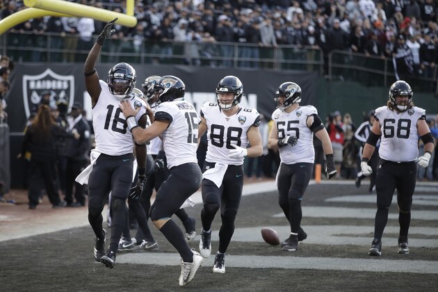 Jacksonville Jaguars wide receiver Chris Conley (18) is greeted by quarterback Gardner Minshew (15) after scoring a touchdown late in the second half of an NFL football game against the Oakland Raiders in Oakland, Calif., Sunday, Dec. 15, 2019. Jacksonville won the game 20-16. (AP Photo/Ben Margot)