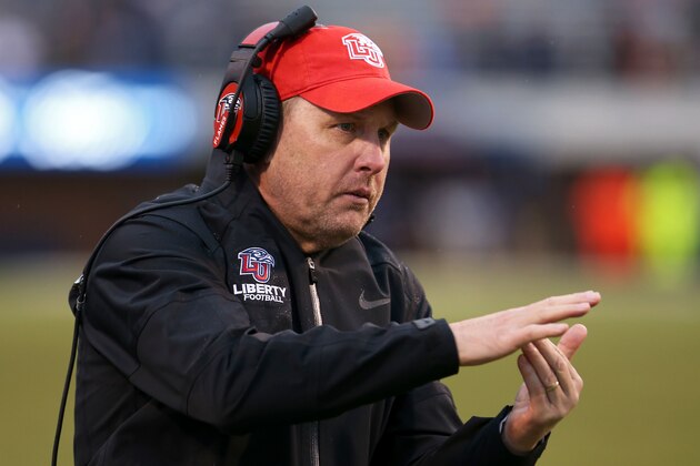 CHARLOTTESVILLE, VA - NOVEMBER 23: Head coach Hugh Freeze of the Liberty Flames calls a timeout in the second half during a game against the Virginia Cavaliers at Scott Stadium on November 23, 2019 in Charlottesville, Virginia. (Photo by Ryan M. Kelly/Getty Images)