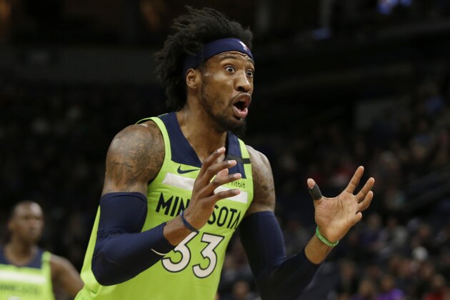 Minnesota Timberwolves forward Robert Covington reacts to a call against the Toronto Raptors during an NBA basketball game Saturday, Jan. 18, 2020, in Minneapolis. (AP Photo/Andy Clayton-King) Minnesota Timberwolves forward Robert Covington reacts to a call against the Toronto Raptors during an NBA basketball game Saturday, Jan. 18, 2020, in Minneapolis. (AP Photo/Andy Clayton-King)